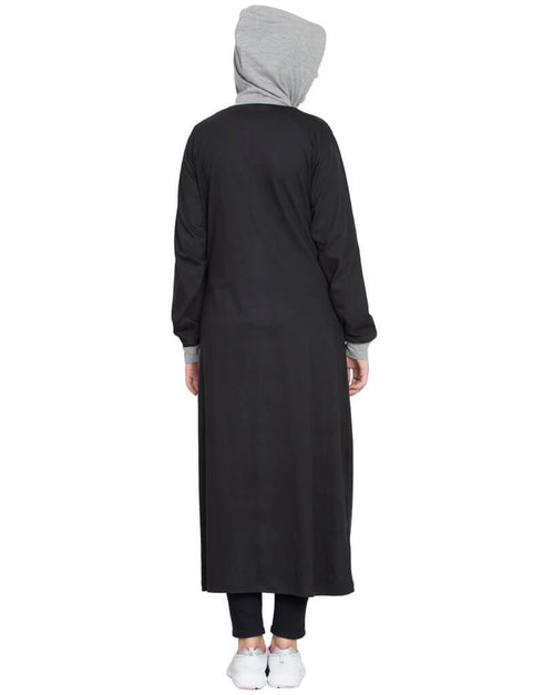 Modest Front open with hood Jersey Sports Abaya Black
