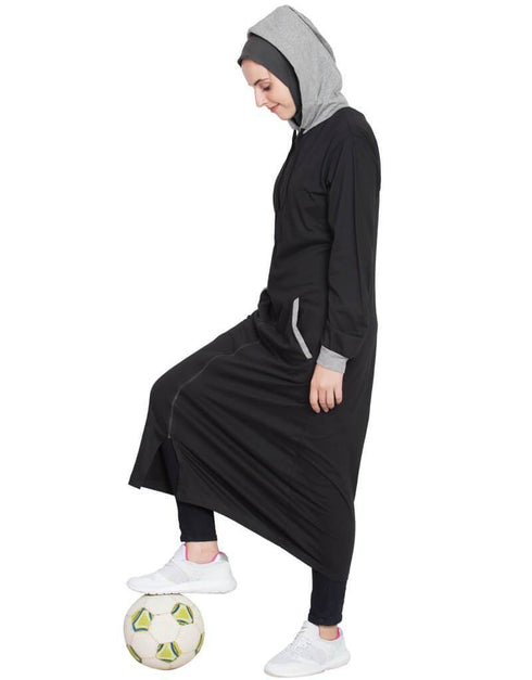 Modest Front open with hood Jersey Sports Abaya Black