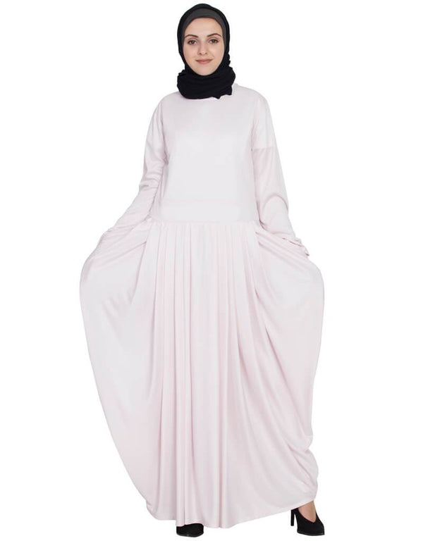 Arabic Pleating at waist White stretchable abaya Pink