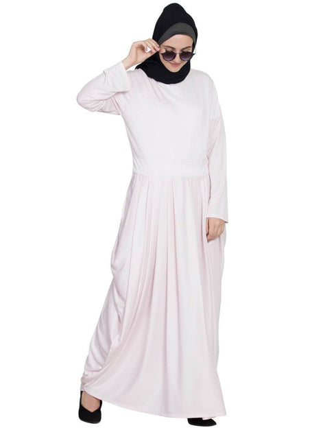 Arabic Pleating at waist White stretchable abaya Pink