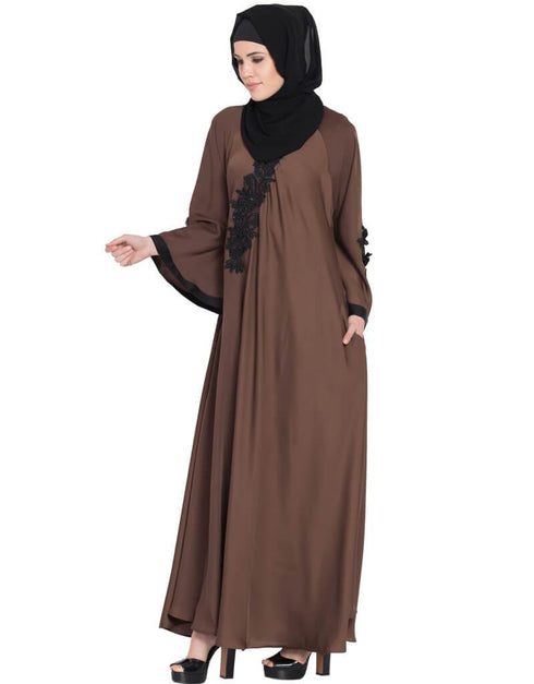 Women Embroidered patch Umbrella Abaya Brown
