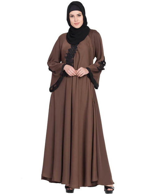 Women Embroidered patch Umbrella Abaya Brown