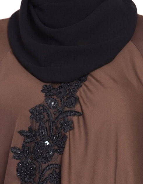Women Embroidered patch Umbrella Abaya Brown