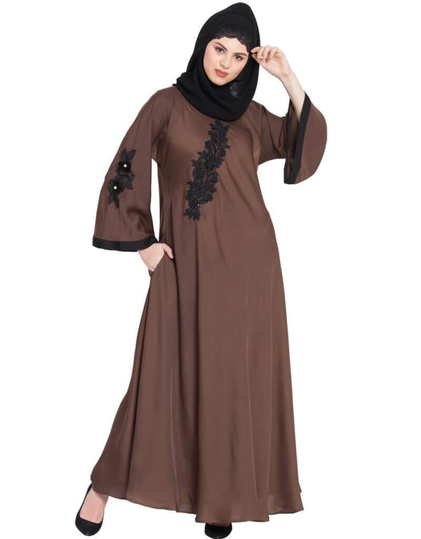 Women Embroidered patch Umbrella Abaya Brown