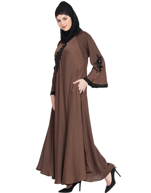 Women Embroidered patch Umbrella Abaya Brown