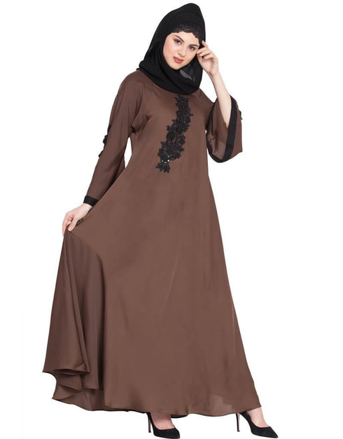Women Embroidered patch Umbrella Abaya Brown