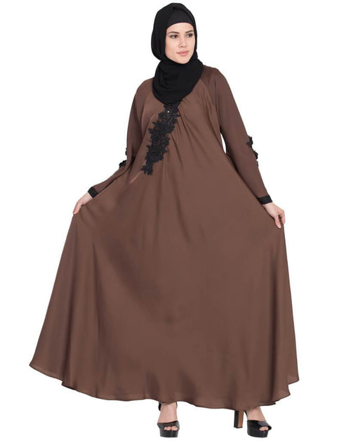 Women Embroidered patch Umbrella Abaya Brown