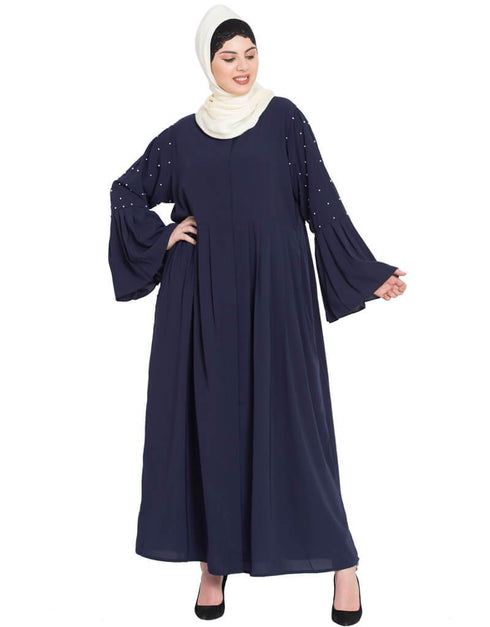 Muslimah Pleated and pearls embroidered Front open Abaya Navy Blue