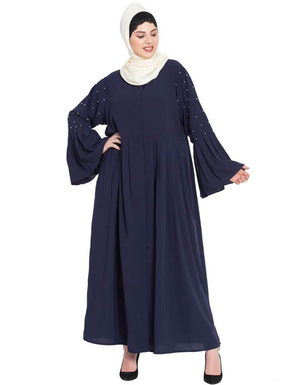 Muslimah Pleated and pearls embroidered Front open Abaya Navy Blue