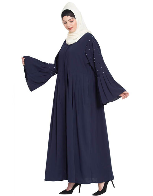 Muslimah Pleated and pearls embroidered Front open Abaya Navy Blue