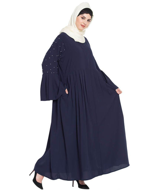 Muslimah Pleated and pearls embroidered Front open Abaya Navy Blue