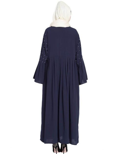 Muslimah Pleated and pearls embroidered Front open Abaya Navy Blue