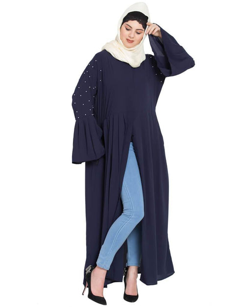 Muslimah Pleated and pearls embroidered Front open Abaya Navy Blue