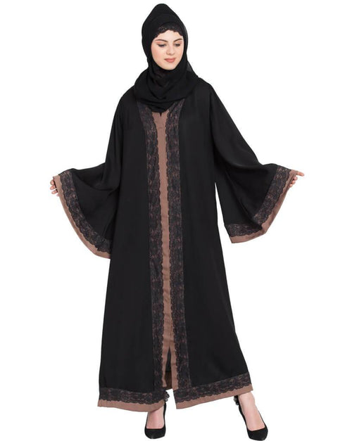 Chic Front open with lace and contrast band Dubai Kaftan Black