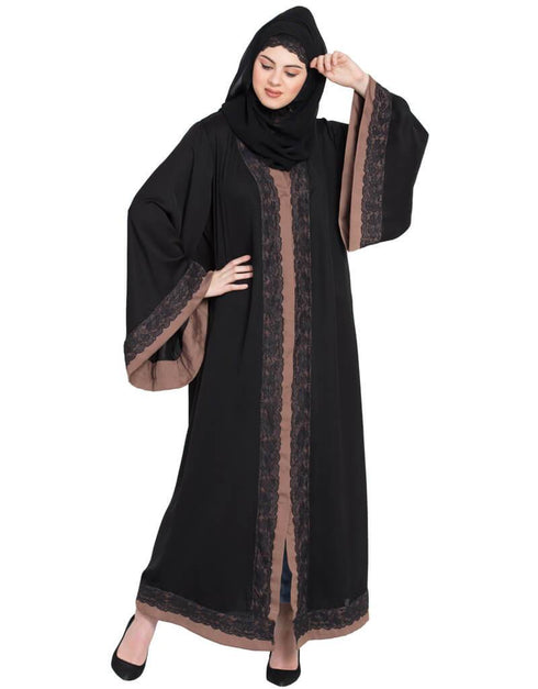 Chic Front open with lace and contrast band Dubai Kaftan Black