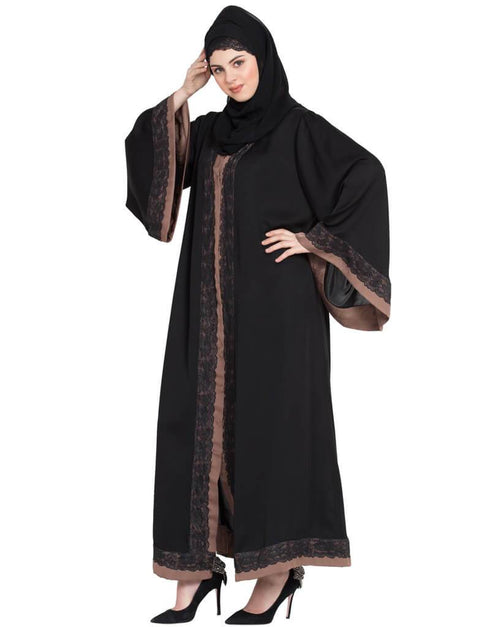 Chic Front open with lace and contrast band Dubai Kaftan Black