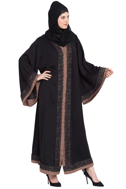 Chic Front open with lace and contrast band Dubai Kaftan Black