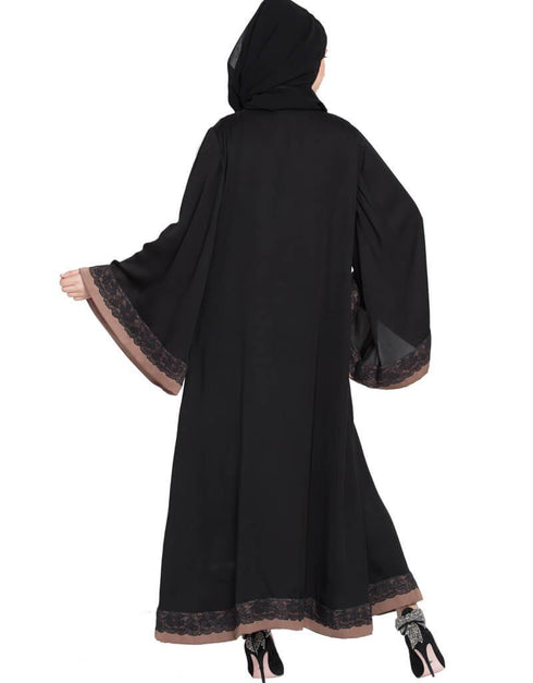 Chic Front open with lace and contrast band Dubai Kaftan Black