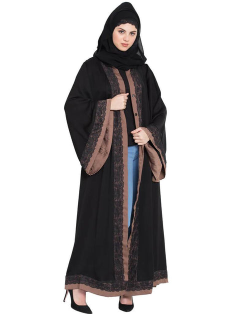 Chic Front open with lace and contrast band Dubai Kaftan Black