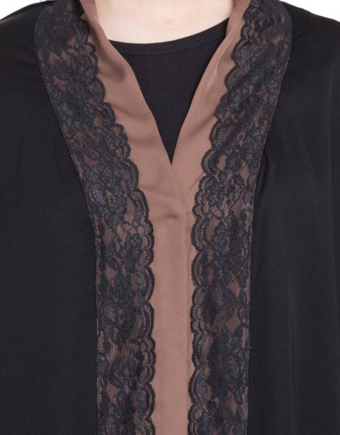 Chic Front open with lace and contrast band Dubai Kaftan Black
