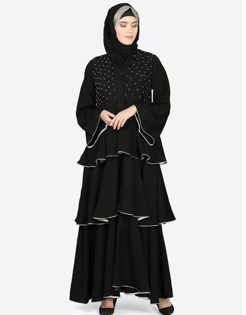 Dubai Hand work three bell layer party Abaya Black