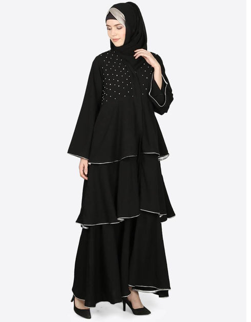 Dubai Hand work three bell layer party Abaya Black