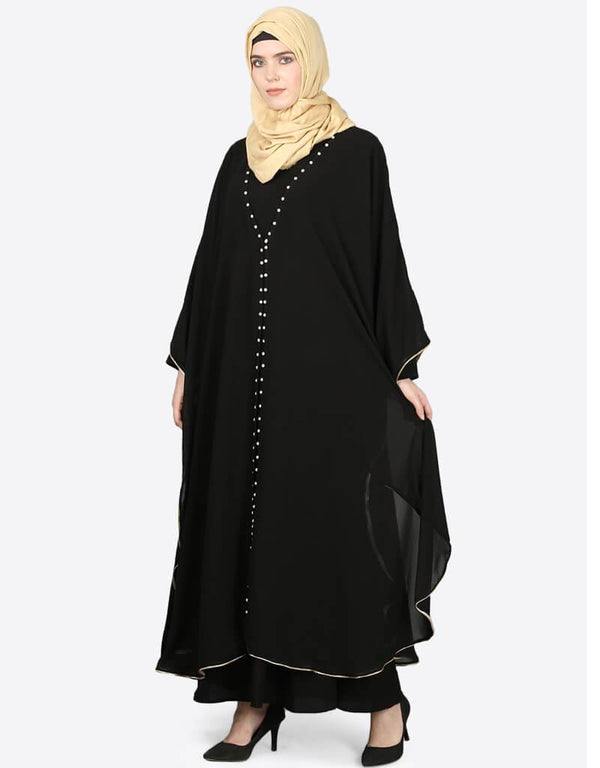 Muslim Butterfly Upper With Inner Peals Abaya Cum Kaftan Black