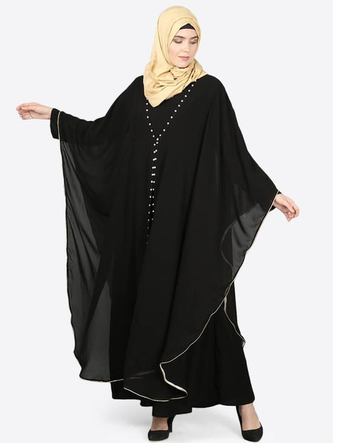Muslim Butterfly Upper With Inner Peals Abaya Cum Kaftan Black