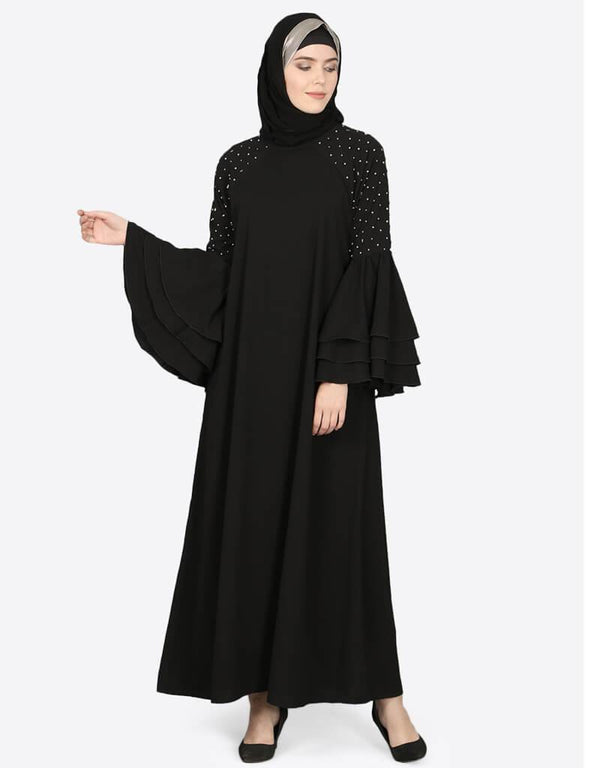 Islamic Three Bell At Sleeve Hand Work Party Abaya Black