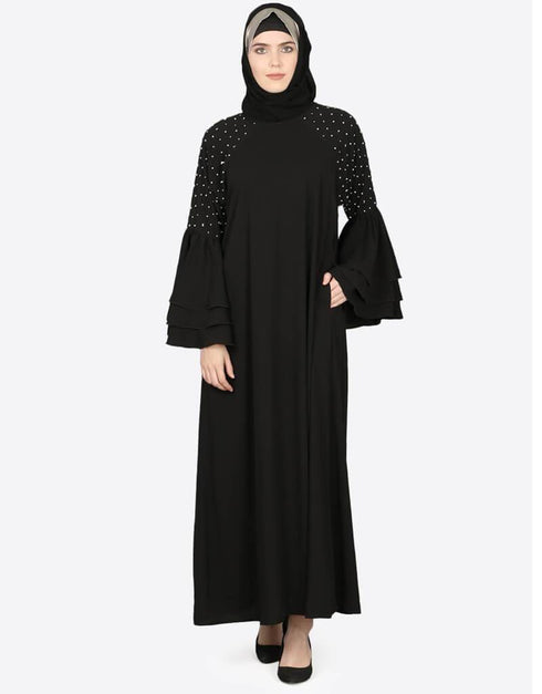 Islamic Three Bell At Sleeve Hand Work Party Abaya Black