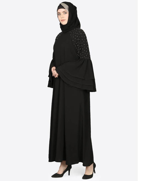 Islamic Three Bell At Sleeve Hand Work Party Abaya Black