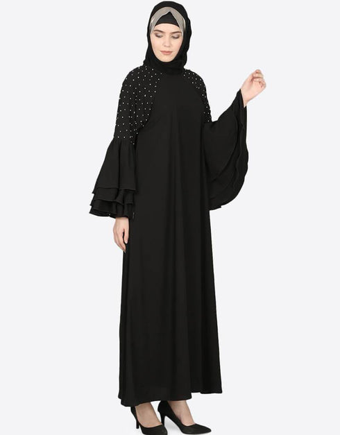Islamic Three Bell At Sleeve Hand Work Party Abaya Black