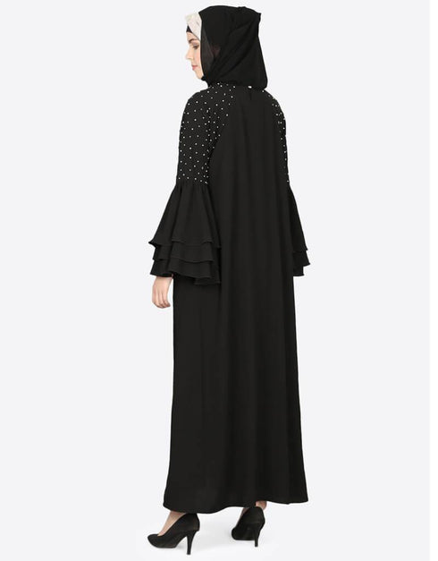 Islamic Three Bell At Sleeve Hand Work Party Abaya Black