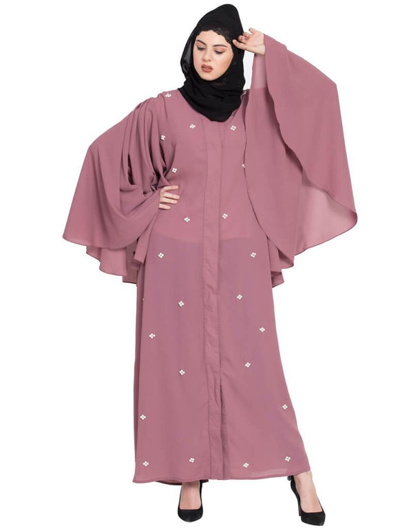 Arabic Butterfly sleeve front open pearls Dubai Kaftan Pink