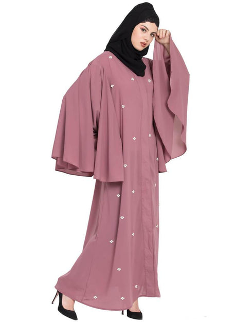 Arabic Butterfly sleeve front open pearls Dubai Kaftan Pink