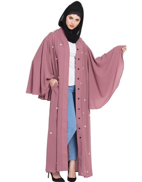 Arabic Butterfly sleeve front open pearls Dubai Kaftan Pink