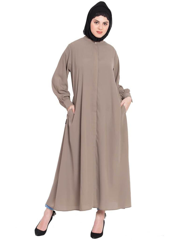 Women Hidden Placket front open casual Abaya Brown