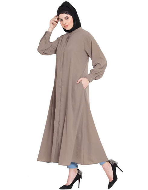 Women Hidden Placket front open casual Abaya Brown