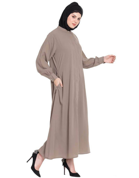Women Hidden Placket front open casual Abaya Brown