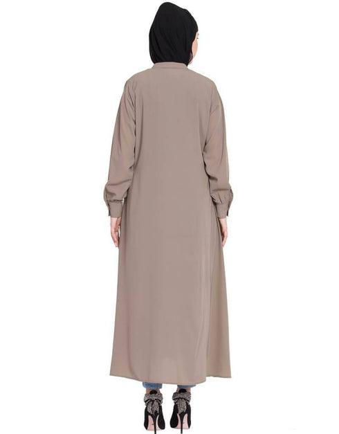 Women Hidden Placket front open casual Abaya Brown