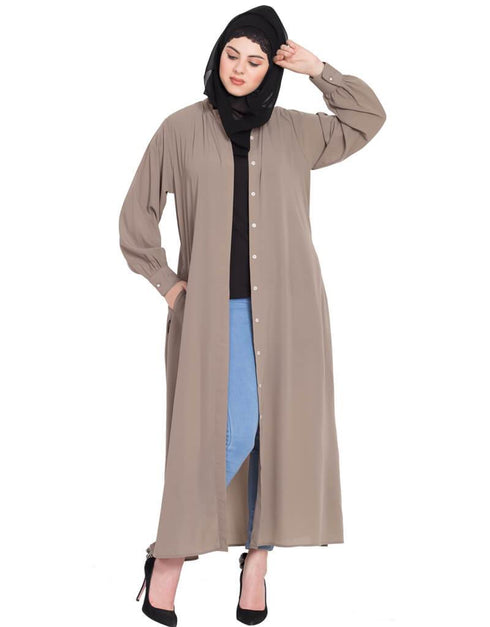Women Hidden Placket front open casual Abaya Brown
