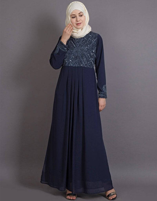 Women Embellished Navy Party Burqown - Burqa and Gown Blue