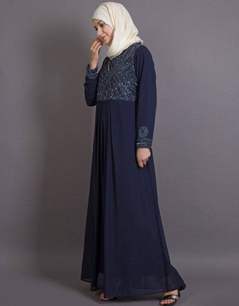 Women Embellished Navy Party Burqown - Burqa and Gown Blue