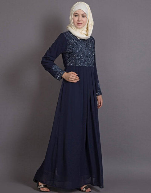 Women Embellished Navy Party Burqown - Burqa and Gown Blue