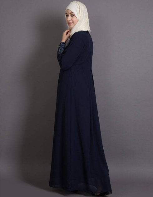 Women Embellished Navy Party Burqown - Burqa and Gown Blue