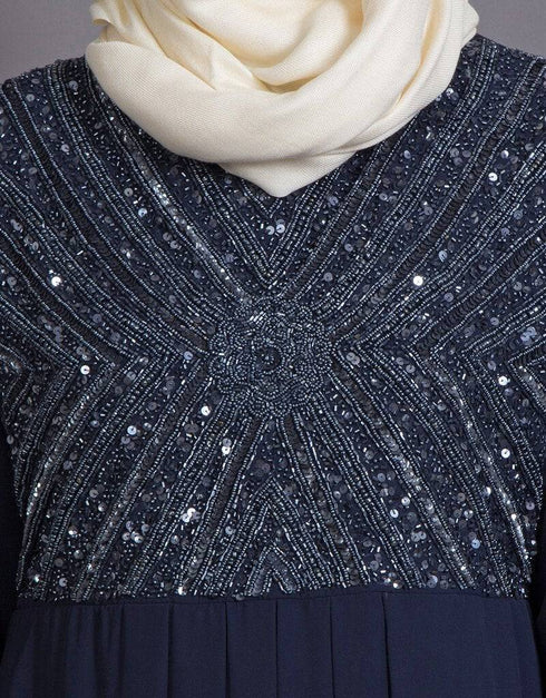 Women Embellished Navy Party Burqown - Burqa and Gown Blue