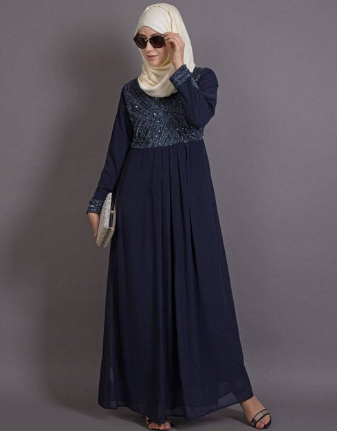 Women Embellished Navy Party Burqown - Burqa and Gown Blue