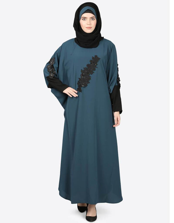 Dubai Patch Contrast Cuff Teal Kaftan Teal