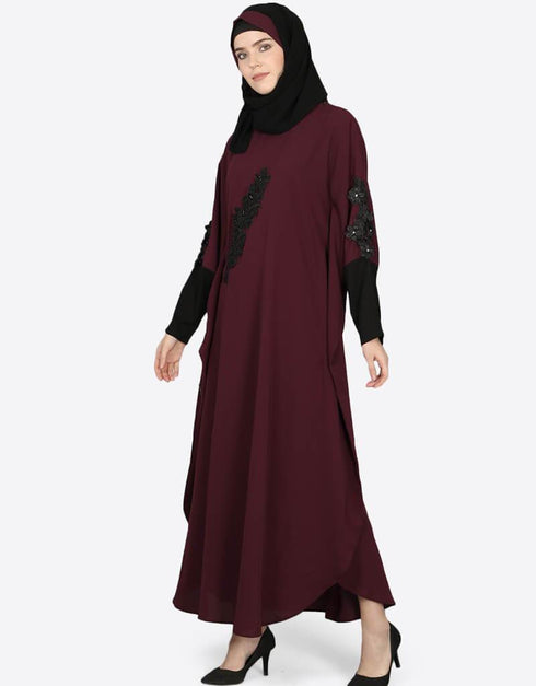 Muslim Patch Contrast Cuff Wine Kaftan Wine