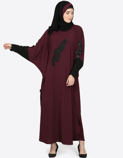 Muslim Patch Contrast Cuff Wine Kaftan Wine
